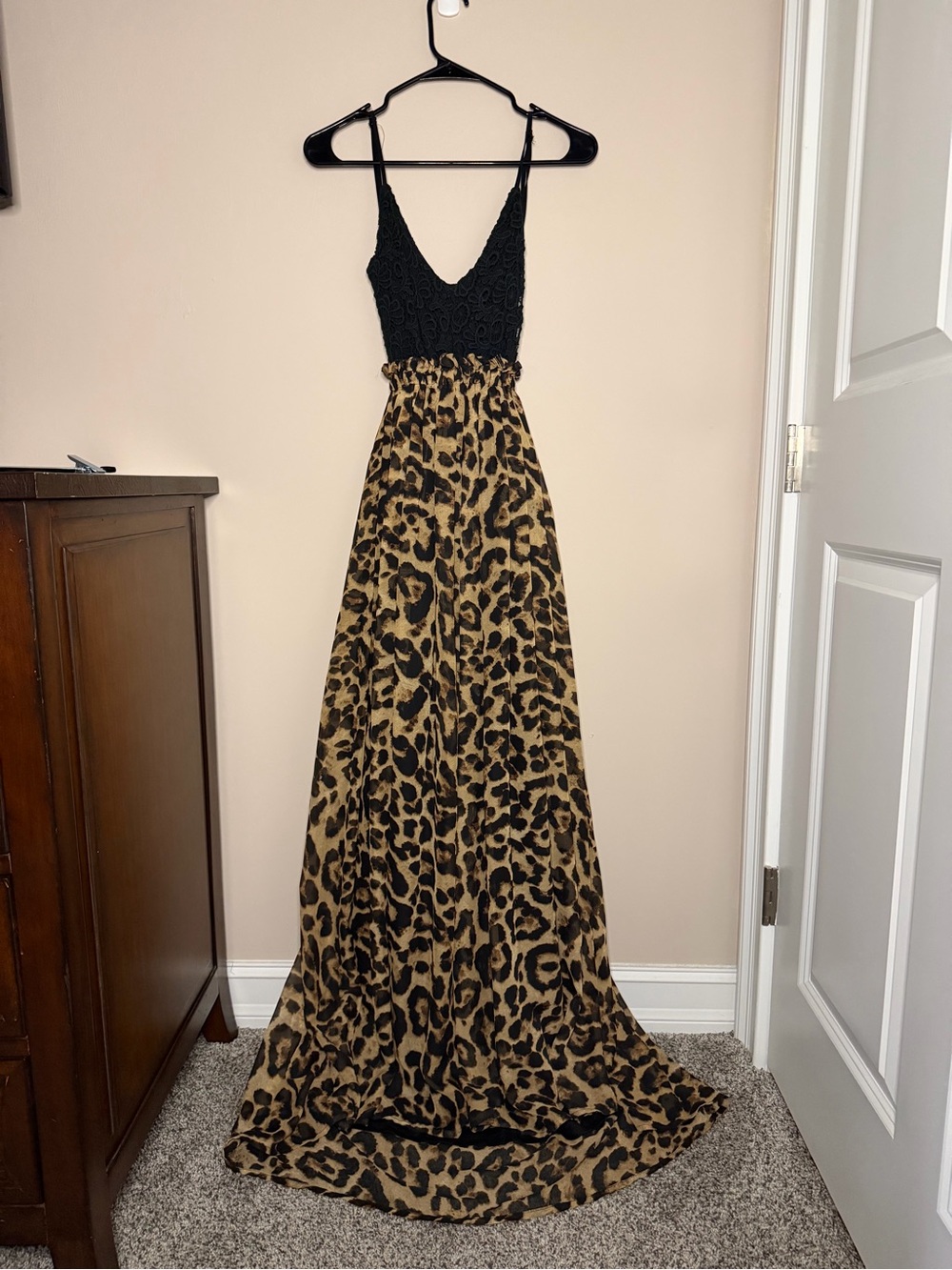 Leopard Print Maxi Dress with Black Crocheted Bodice
